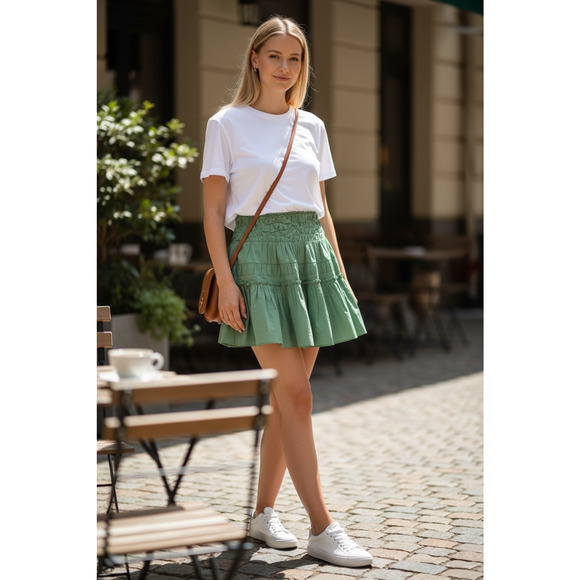 RAMY BROOK Skirt NEW Size L Jordan Smocked Green Tiered Cotton Miniskirt $295 - Picture 1 of 5